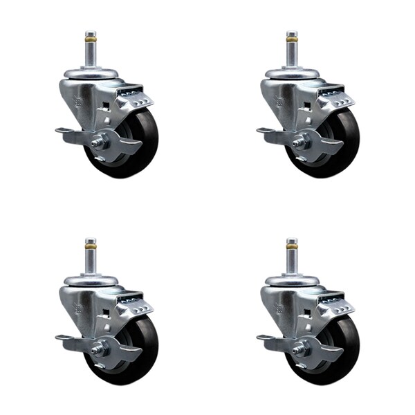 Service Caster 3'' Black Poly Swivel 7/16'' Grip Ring Stem Caster Set with Brake, 4PK SCC-GR20S314-PPUB-BLK-TLB-716138-4 - main